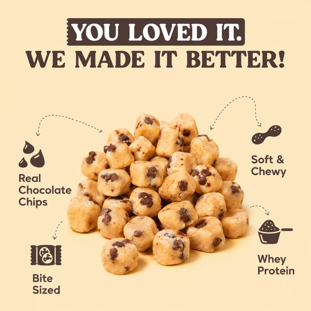 FUUL Protein Cookie Dough Bites product lineup, Chocolate Chip and Fudge Brownie high protein snack bags