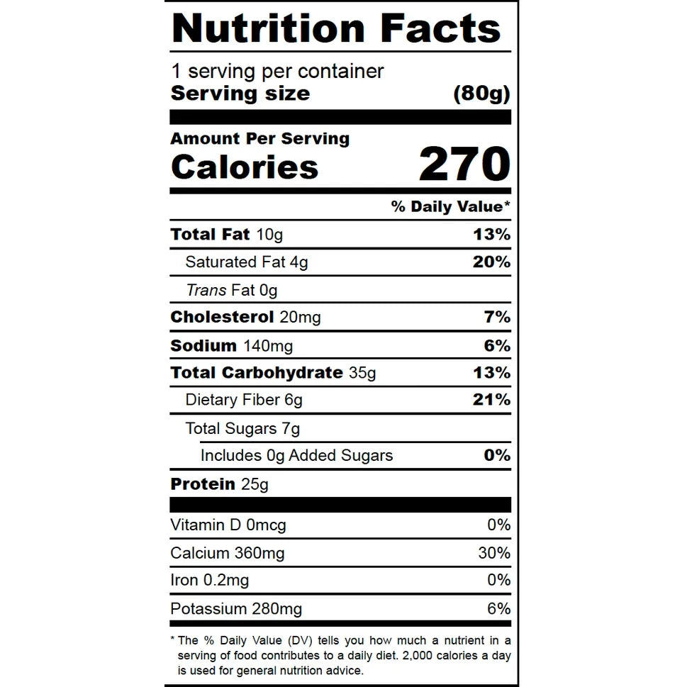 Tidetreats Protein Bar — Nutrition Facts panel (270 cal, 25g protein, 0g added sugar)