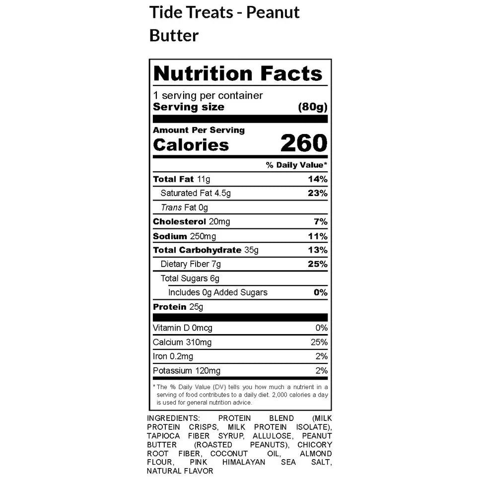 Tidetreats Protein Bar — Peanut Butter Nutrition Facts panel & ingredients (260 cal, 25g protein)