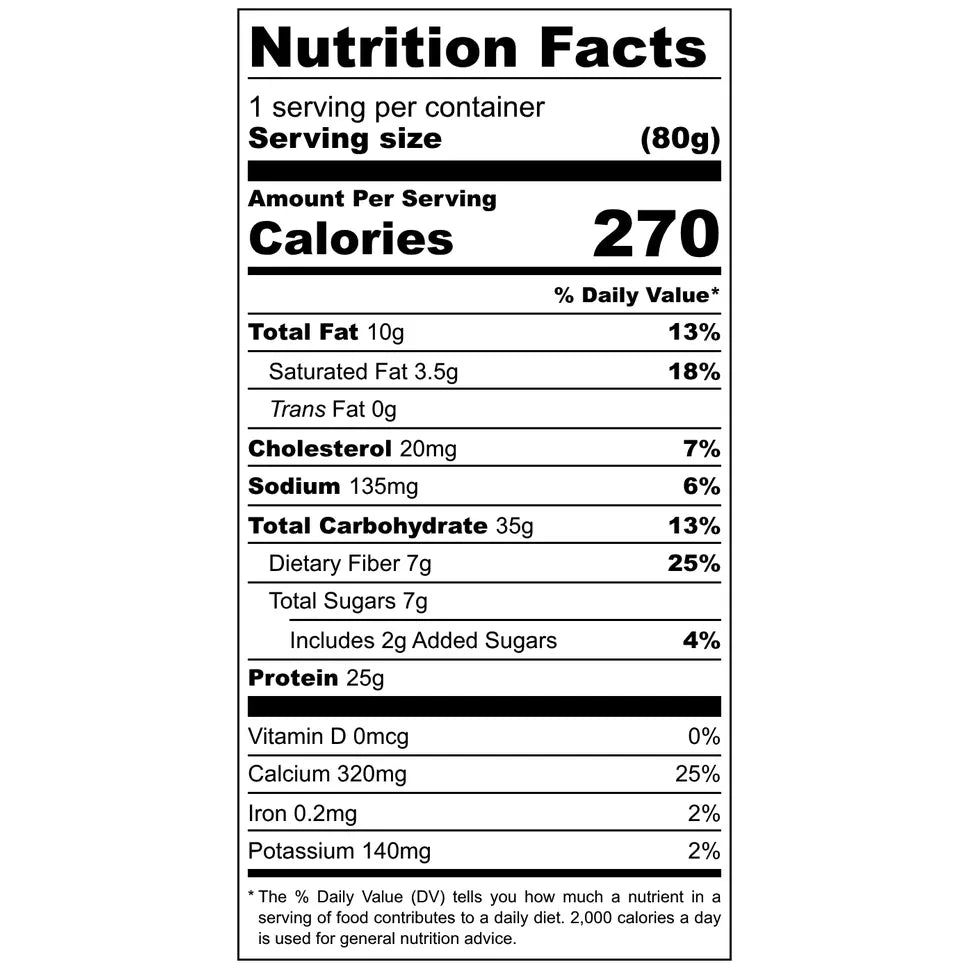 Tidetreats Protein Bar — Nutrition Facts panel (270 cal, 25g protein, 7g fiber)