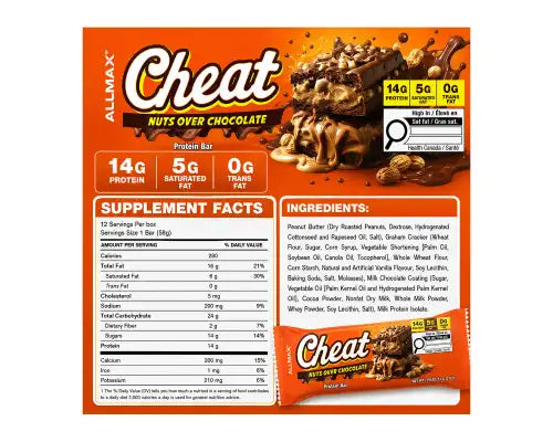 Allmax Cheat Protein Bar Nuts Over Chocolate — wrapper beside the unwrapped bar showing chocolate, peanut and caramel layers