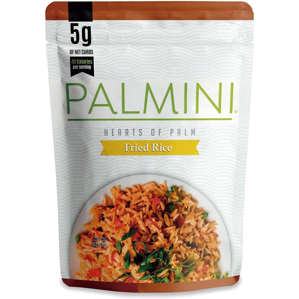 Palmini Hearts of Palm Fried Rice, 226 g brown-trim pouch front with veggie-studded fried rice