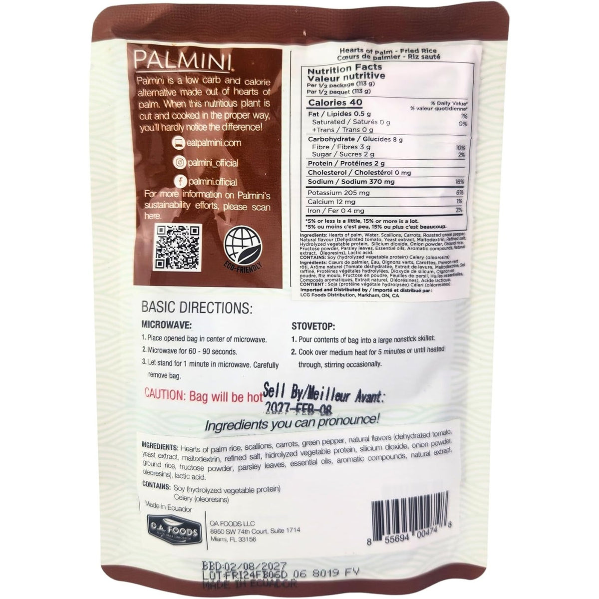 Palmini Hearts of Palm Fried Rice pouch back with bilingual Nutrition Facts panel and directions