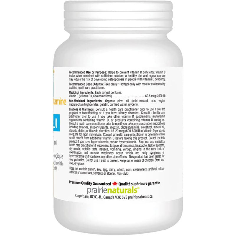 Prairie Naturals Vitamin D3 2500 IU Softgels — Supplement Facts panel
