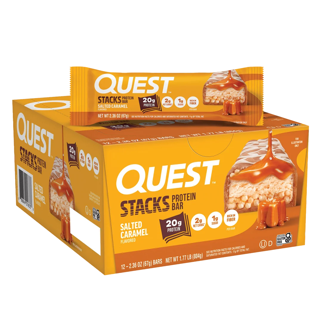 Quest Nutrition Stacks Protein Bar, Salted Caramel, box of 12 multi-layered bars with 20g protein, 1g sugar