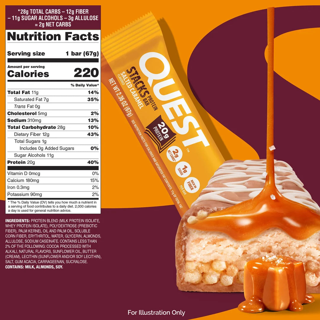 Quest Nutrition Stacks Protein Bar, Salted Caramel, box of 12 multi-layered bars with 20g protein, 1g sugar
