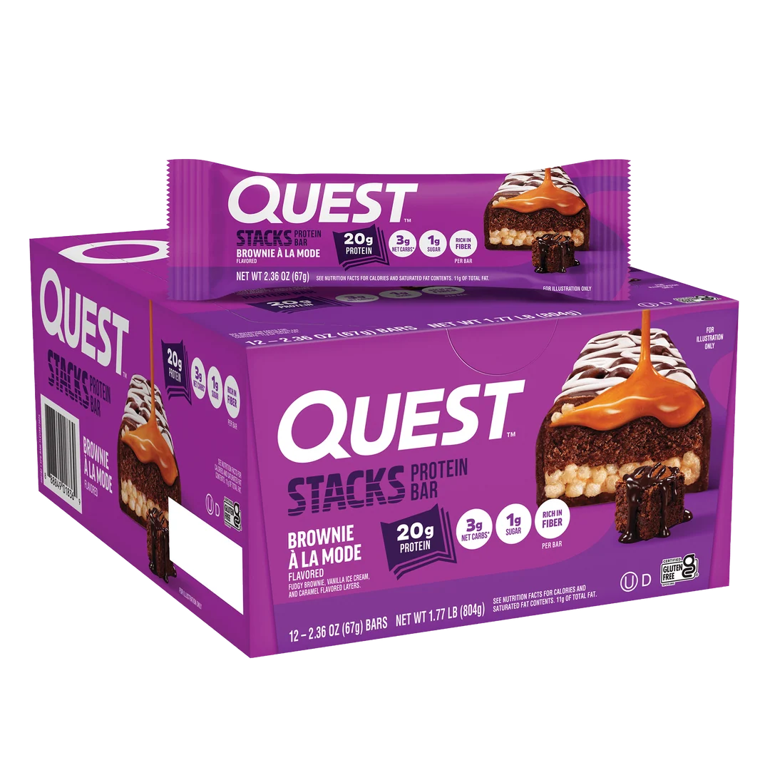 Quest Nutrition Stacks Protein Bar, Brownie a la Mode, box of 12 multi-layered bars with 20g protein, 1g sugar