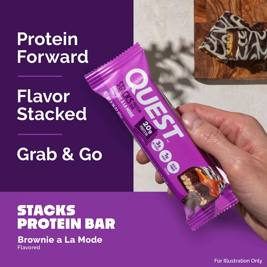 Quest Nutrition Stacks Protein Bar, Brownie a la Mode, box of 12 multi-layered bars with 20g protein, 1g sugar