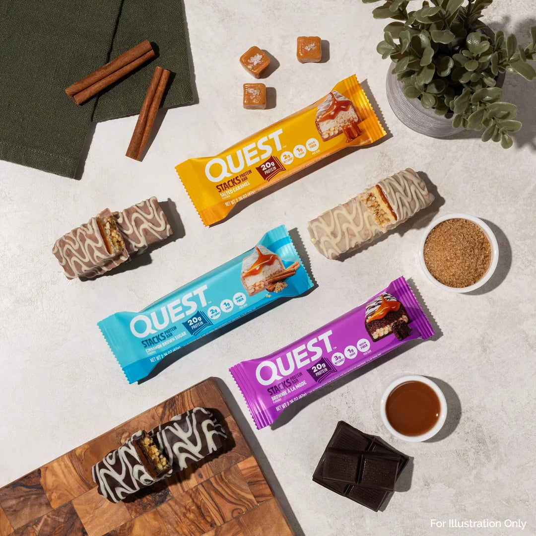 Quest Nutrition Stacks Protein Bar, Brownie a la Mode, box of 12 multi-layered bars with 20g protein, 1g sugar