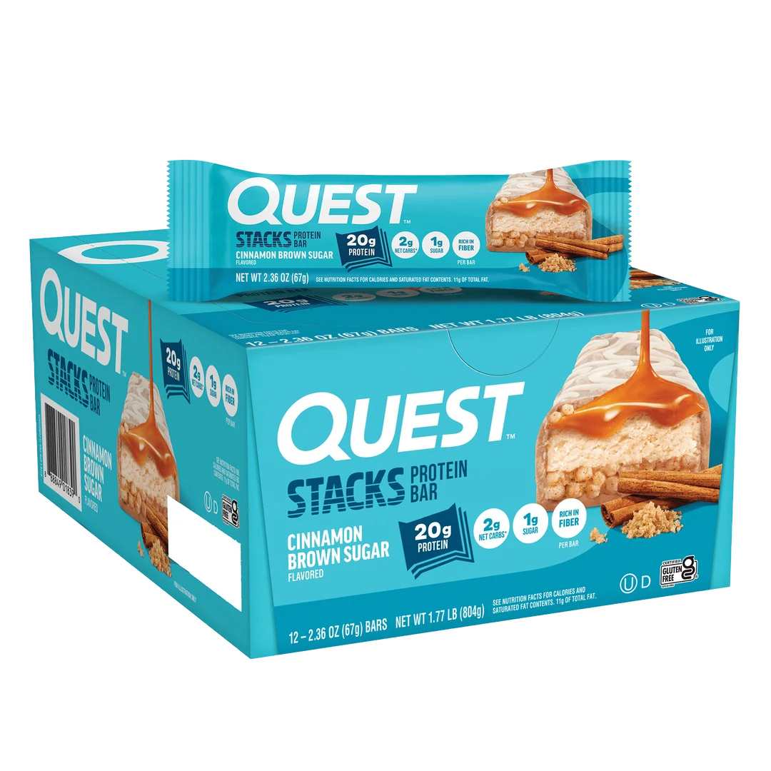 Quest Nutrition Stacks Protein Bar, Cinnamon Brown Sugar, box of 12 multi-layered bars with 20g protein, 1g sugar