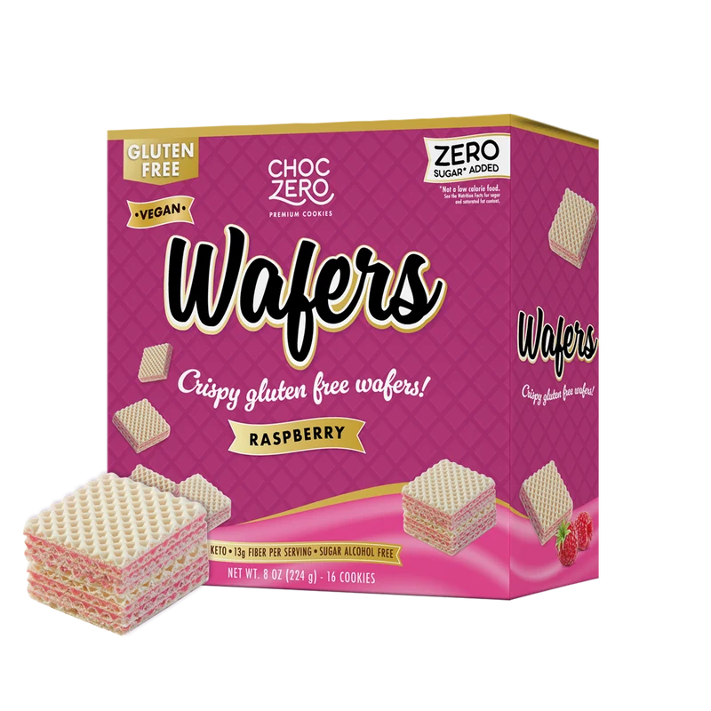 ChocZero Keto GF Wafer Cookies (1 box of 16), Raspberry flavour, retail box
