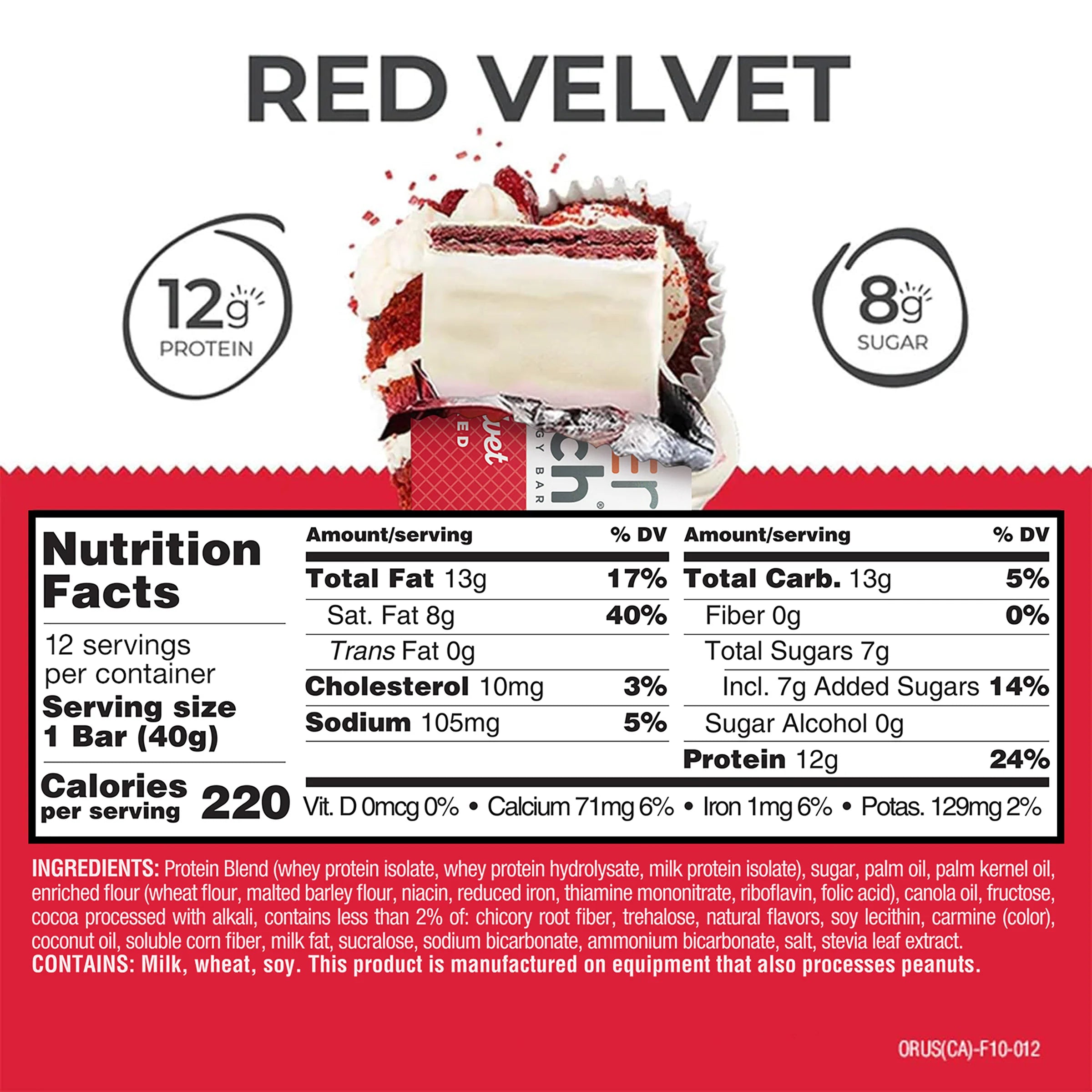 Power Crunch Protein Bar Red Velvet Nutrition Facts label — 12g protein, 8g sugar per 40g bar