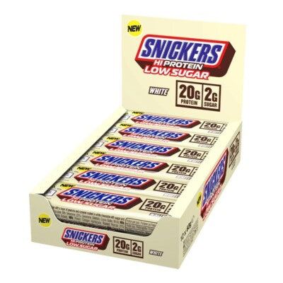 Snickers Hi-Protein Low Sugar White — open box of 12 bars, 20g protein and 2g sugar each