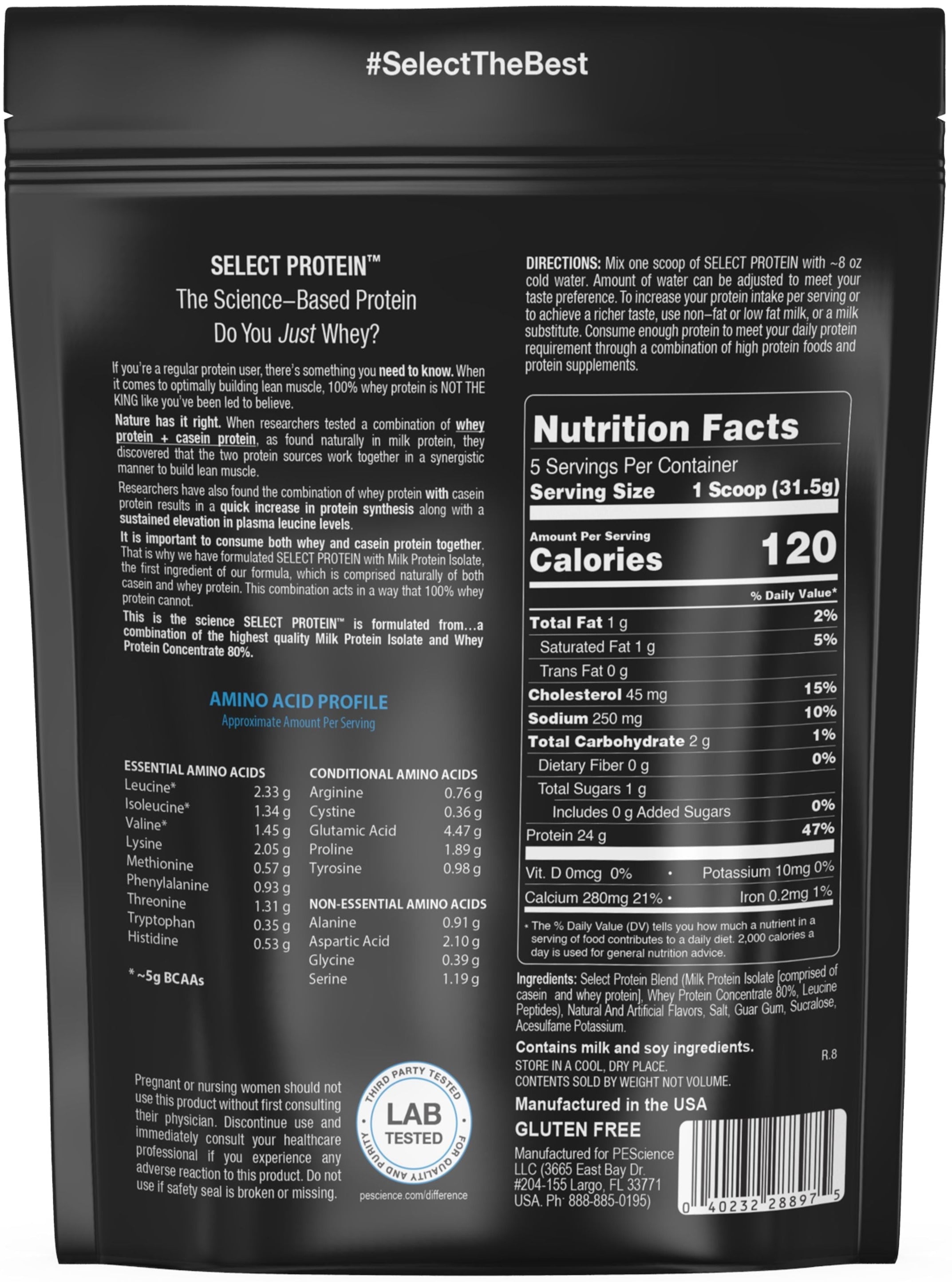 PEScience Select Protein Supplement Facts label