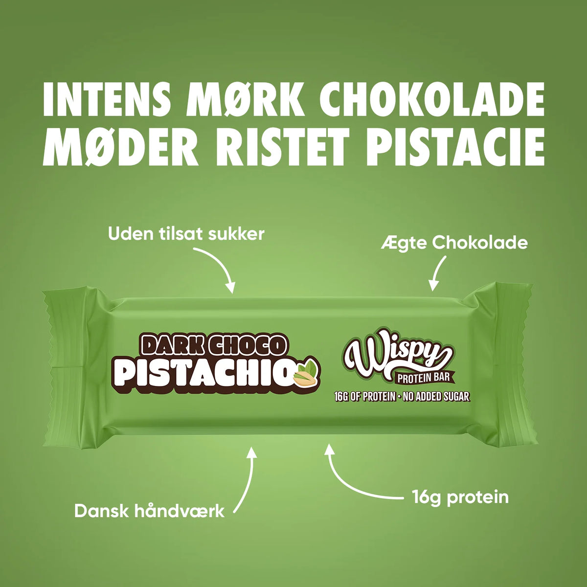 Wispy Dark Choco Pistachio — chocolat noir intense et pistache grillée, 16g de protéines, sans sucre ajouté