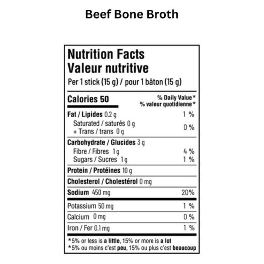 Siip Instant Keto Bone Broth-to-go Roast Beef stick Nutrition Facts panel, bilingual black-and-white label