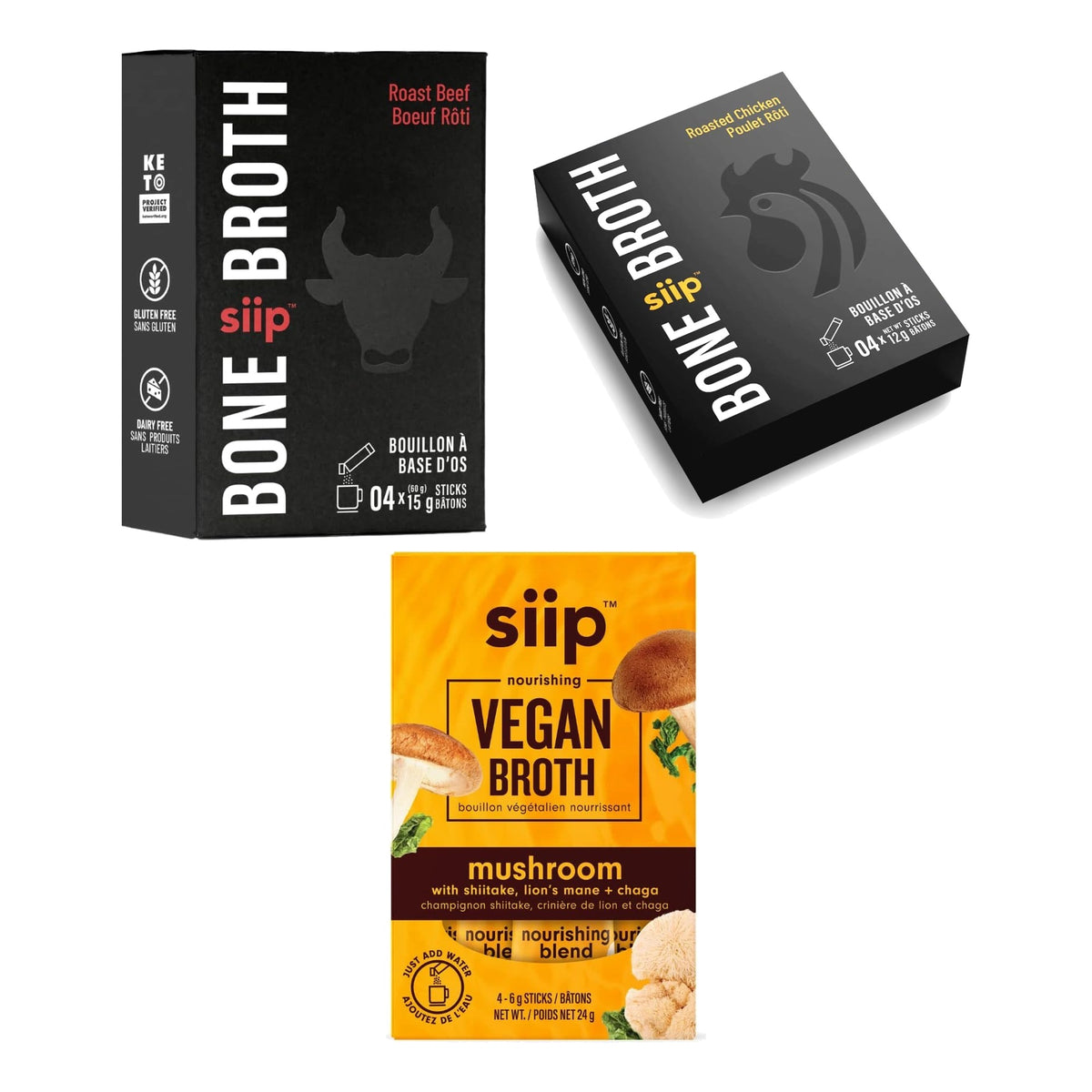 Siip Instant Keto Bone Broth-to-go Roast Beef, Roasted Chicken and Vegan Mushroom boxes of 4 on white