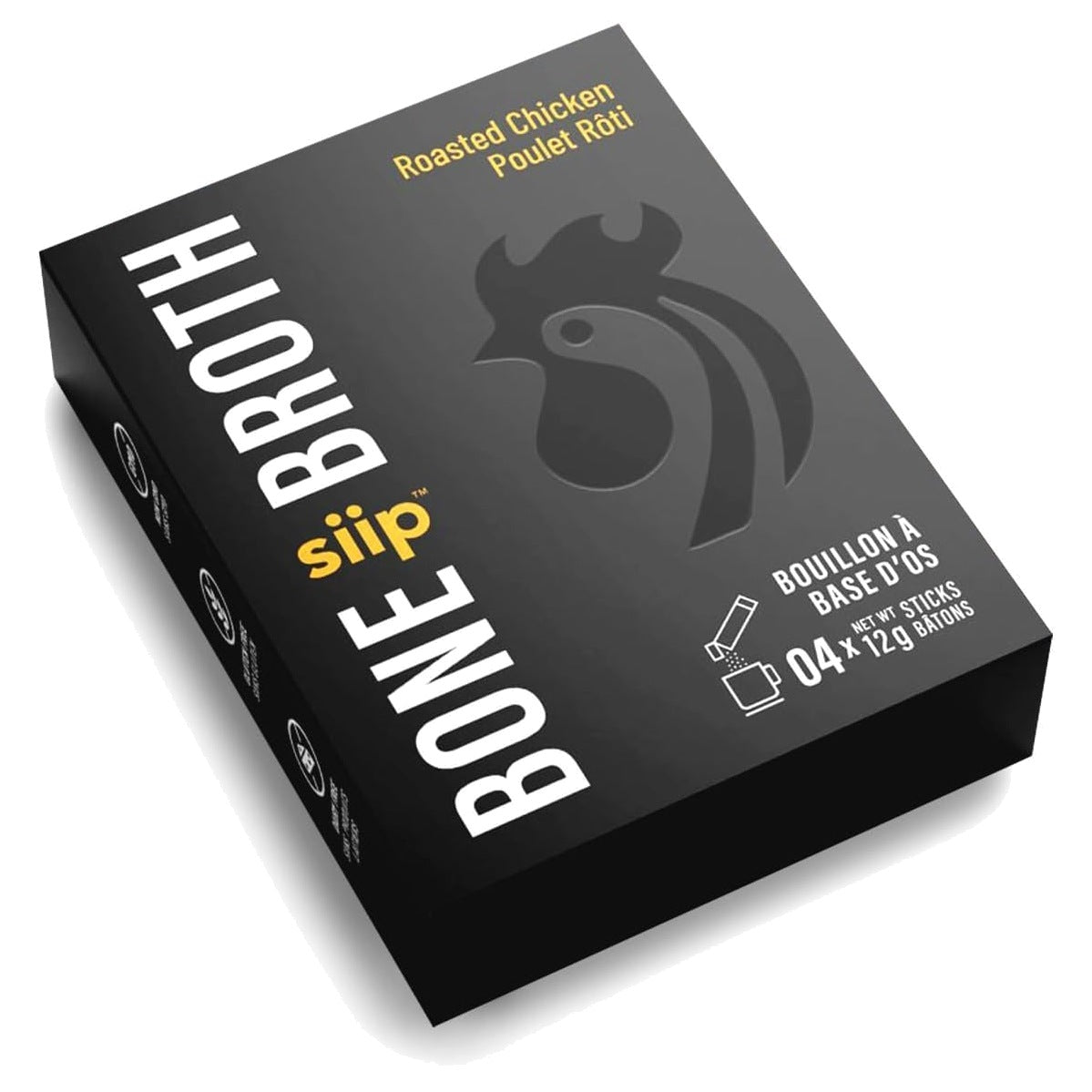 Siip Instant Keto Bone Broth-to-go Roasted Chicken box of 4 single-serve sticks in a black bilingual carton
