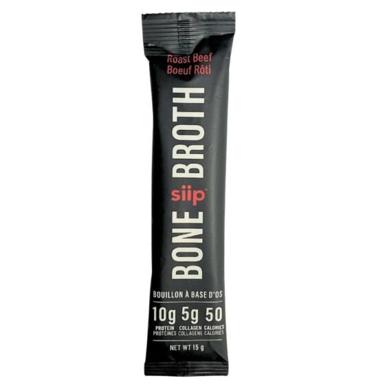 Siip Instant Keto Bone Broth-to-go Beef single-serve stick, black foil packet with red Roast Beef lettering