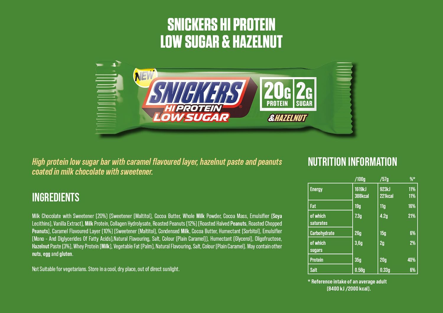 Snickers Hi-Protein Low Sugar & Hazelnut Nutrition Facts label — 20g protein, 2g sugar per bar