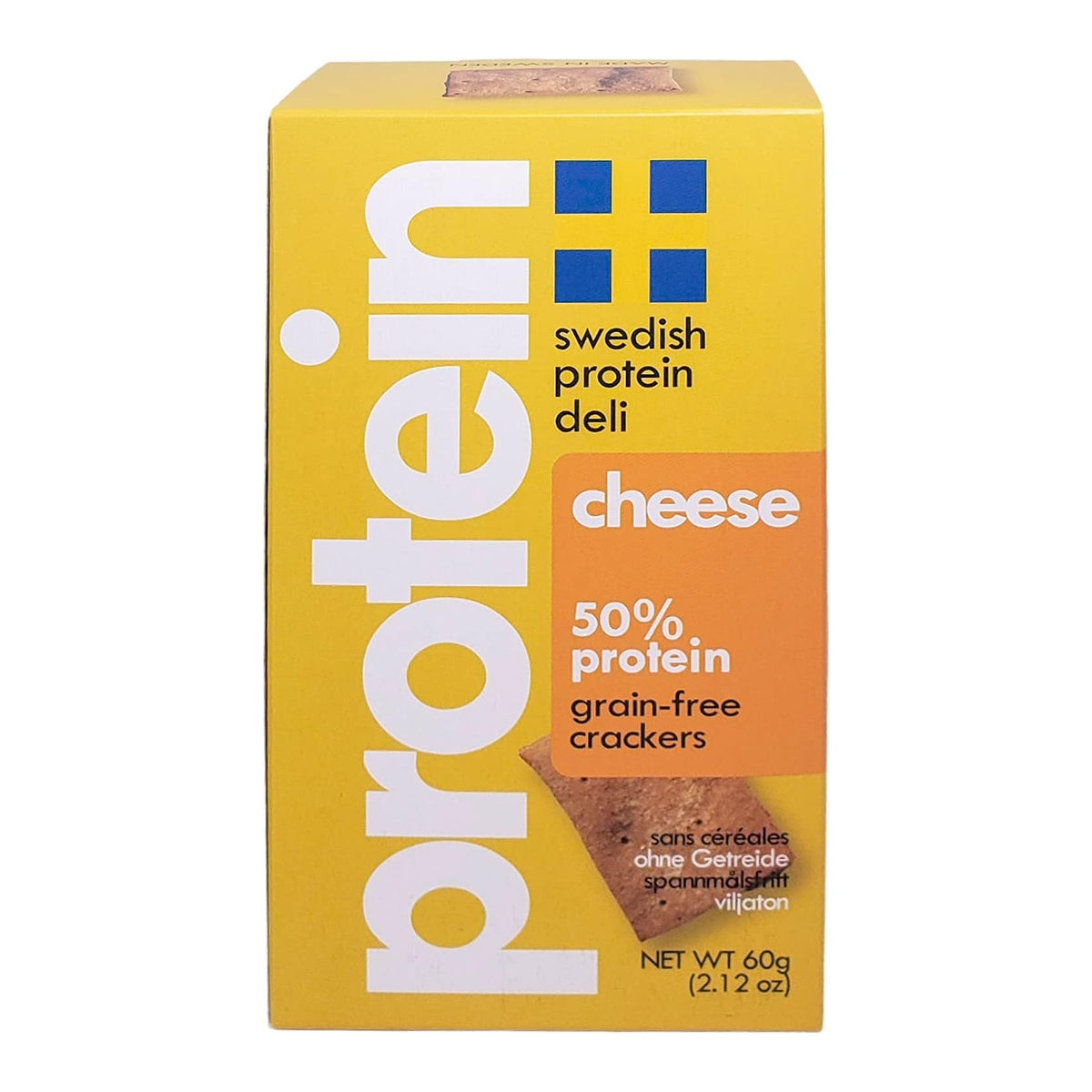 Swedish Protein Deli Grain-Free Protein Crackers Cheese flavor, yellow 60 g box front on white background