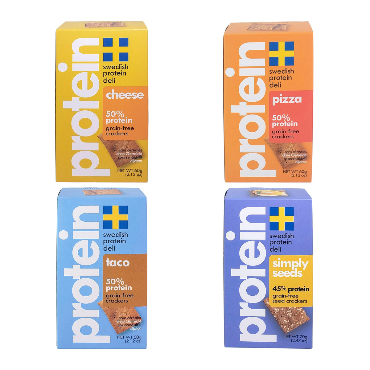 Swedish Protein Deli Grain-Free Protein Crackers in Cheese, Pizza, Taco and Simply Seeds boxes on white