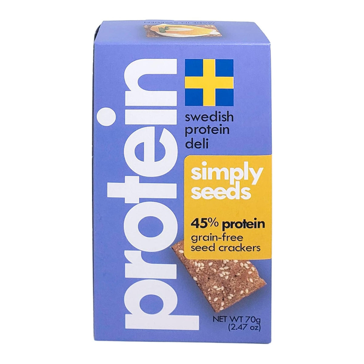 Swedish Protein Deli Grain-Free Seed Crackers Simply Seeds flavor, purple 70 g box front on white background
