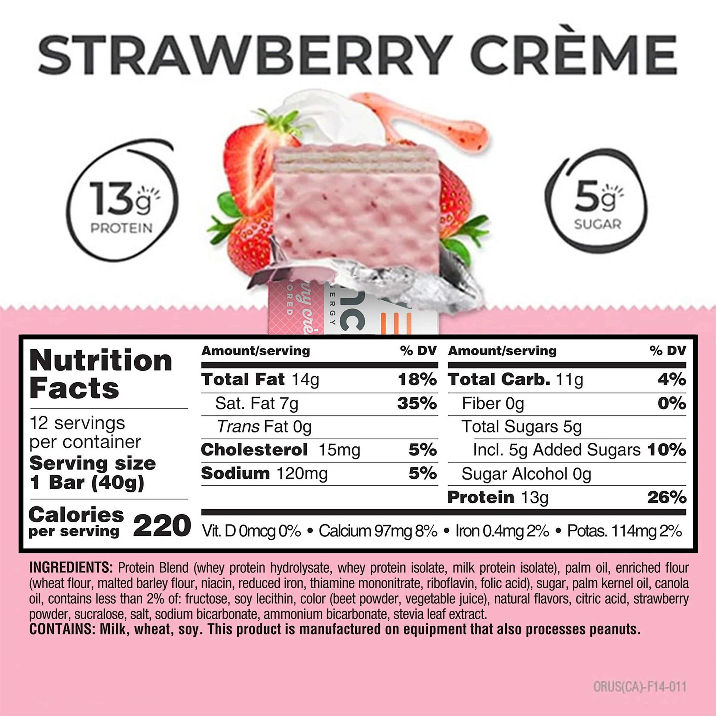 Power Crunch Protein Bar Strawberry Creme Nutrition Facts label — 13g protein, 5g sugar per bar