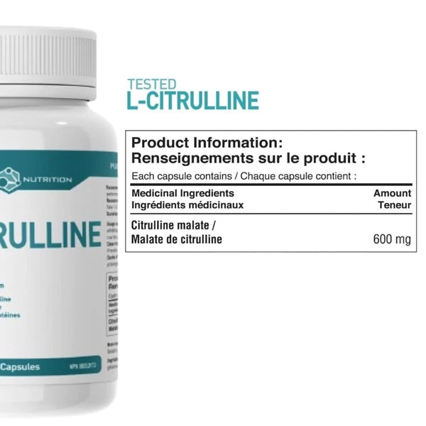 Tested Nutrition L-Citrulline Nutrition Facts panel — 600 mg citrulline malate per capsule, 48 servings