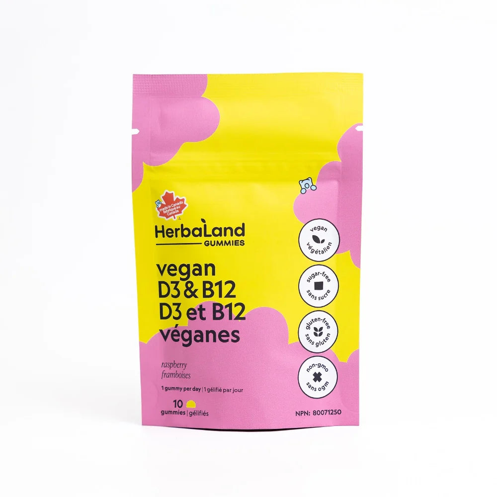 Herbaland vegan D3 and B12 gummies travel-size 10-pack, plant-based daily vitamins