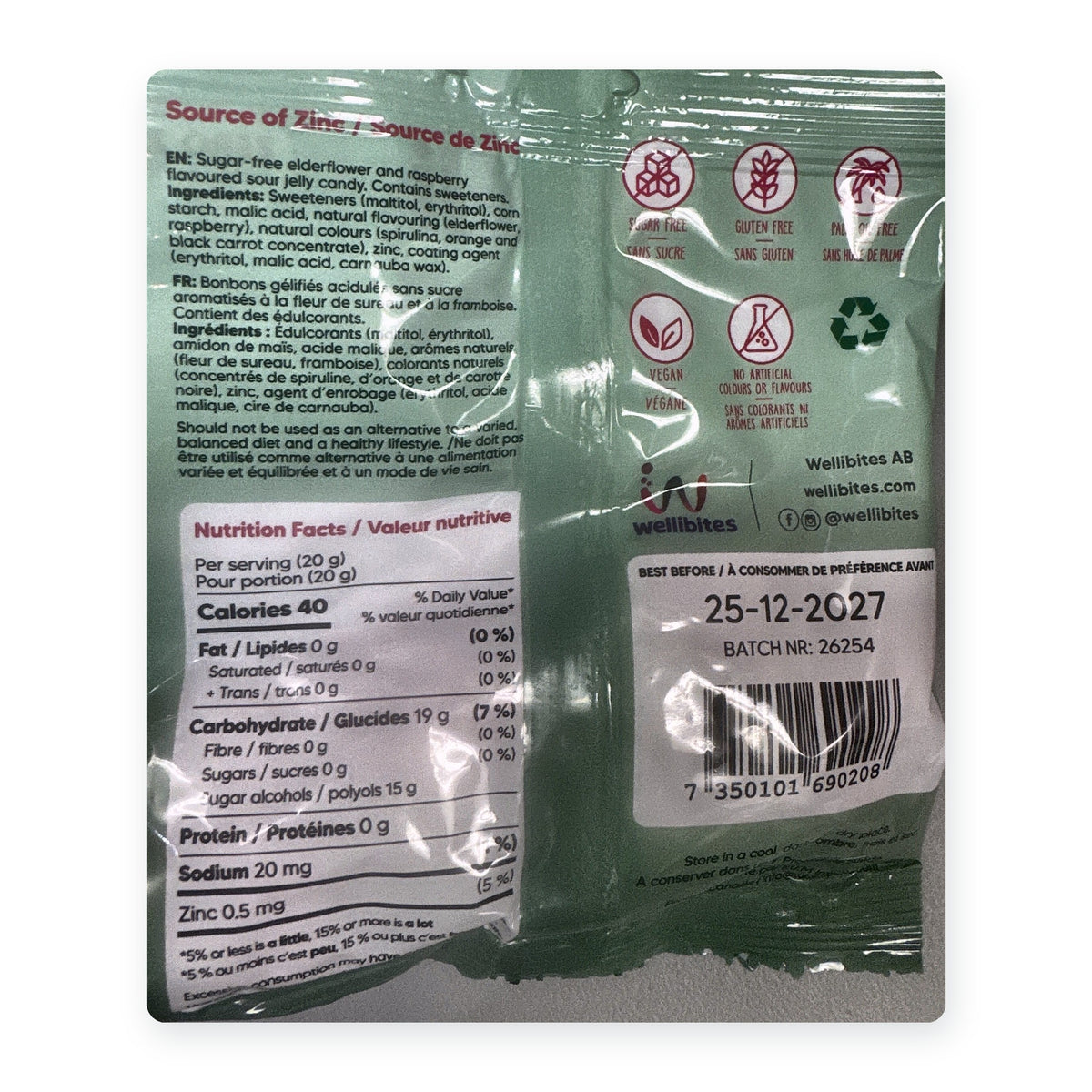 Back of the Wellibites Elderflower Raspberry 70 g bag showing nutrition facts, ingredients and sugar-free, gluten-free, vegan icons