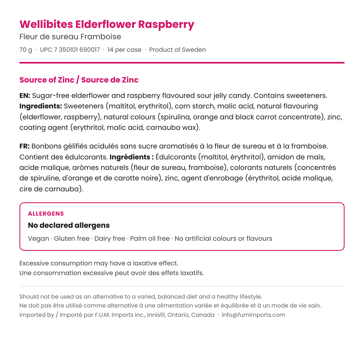 Wellibites Elderflower Raspberry ingredients in English and French, no declared allergens, source of zinc