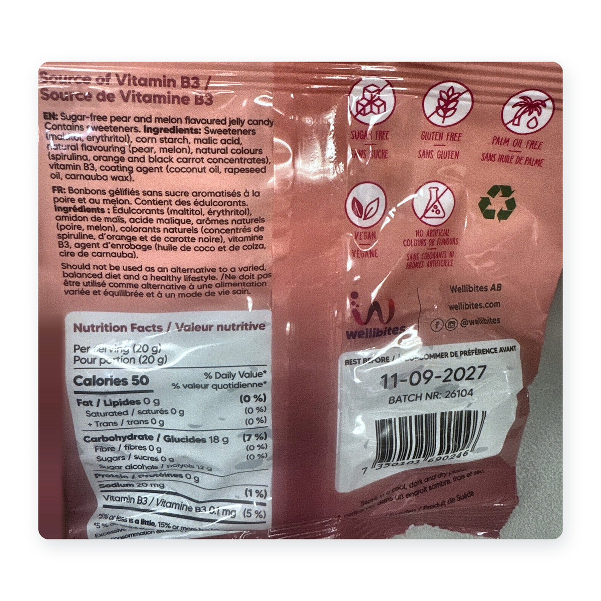 Back of the Wellibites Pear Melon 70 g bag showing nutrition facts, ingredients and sugar-free, gluten-free, vegan icons