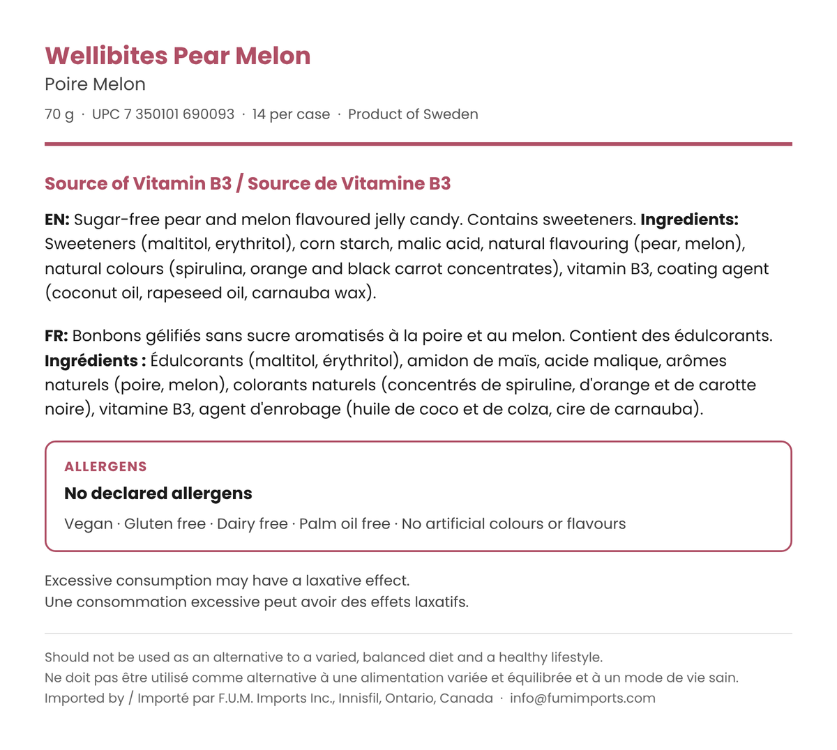 Wellibites Pear Melon ingredients in English and French, no declared allergens, source of vitamin B3