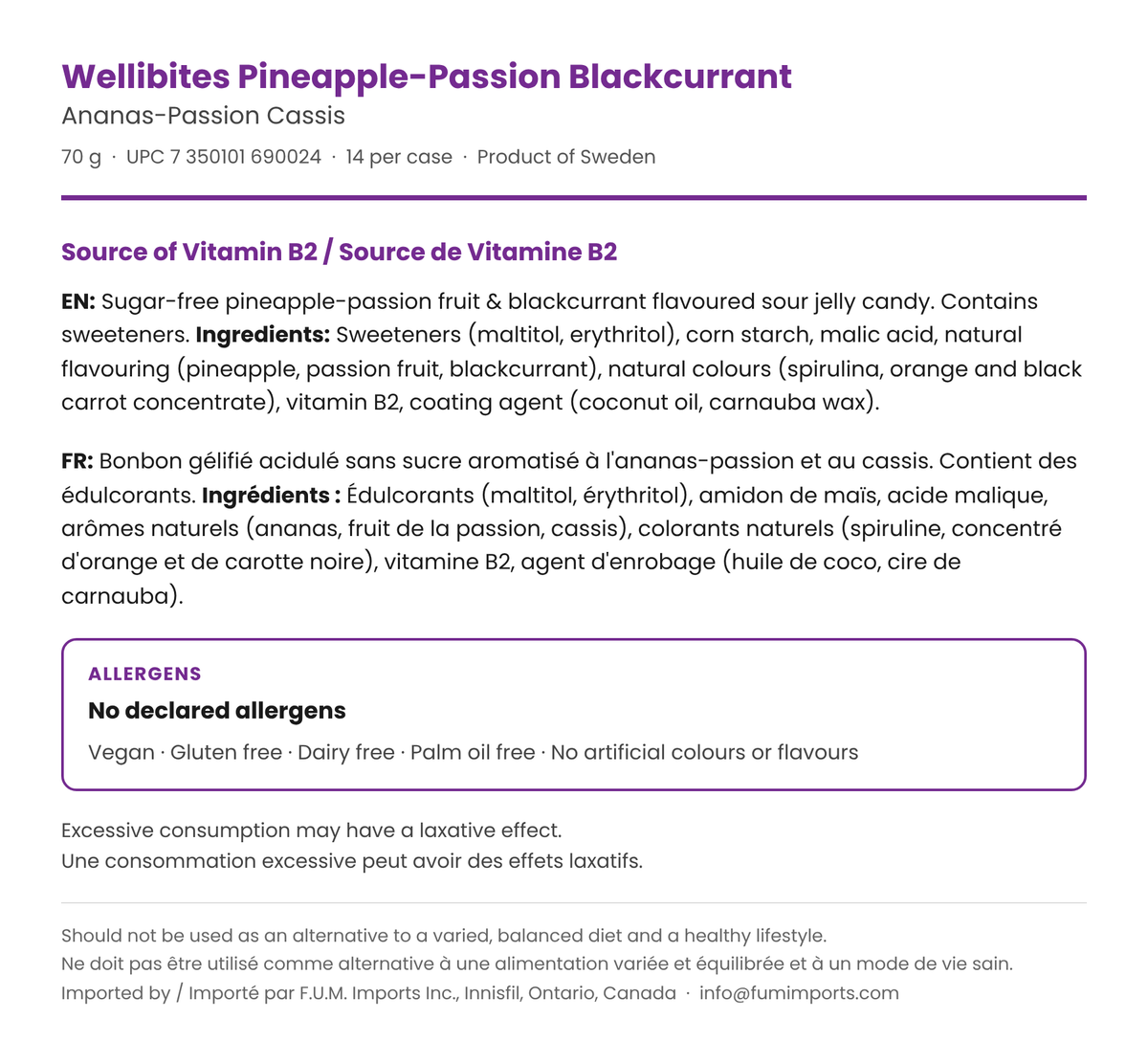 Wellibites Pineapple-Passion Blackcurrant ingredients in English and French, no declared allergens, source of vitamin B2