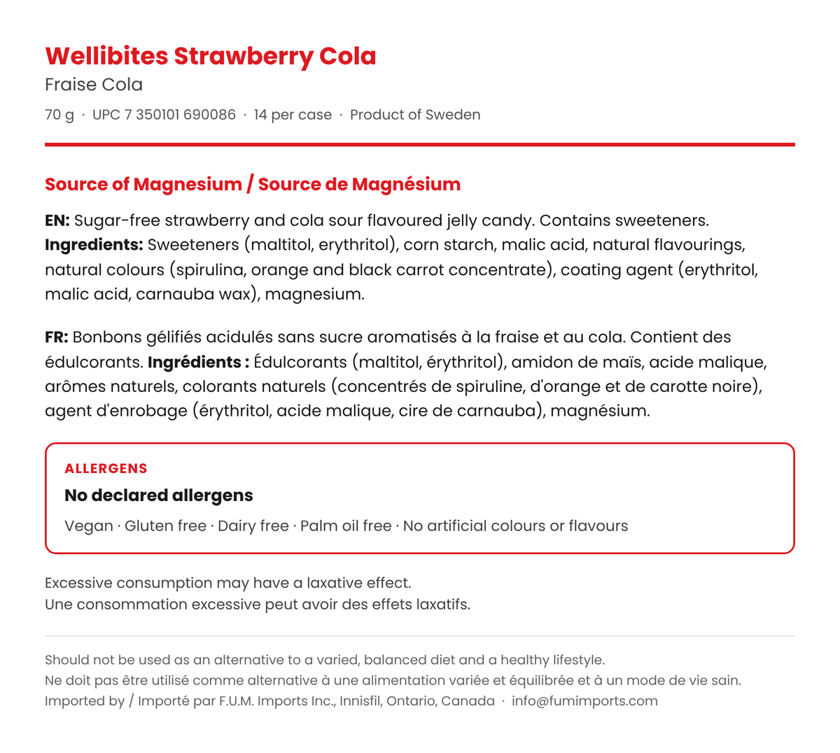 Wellibites Strawberry Cola ingredients in English and French, no declared allergens, source of magnesium