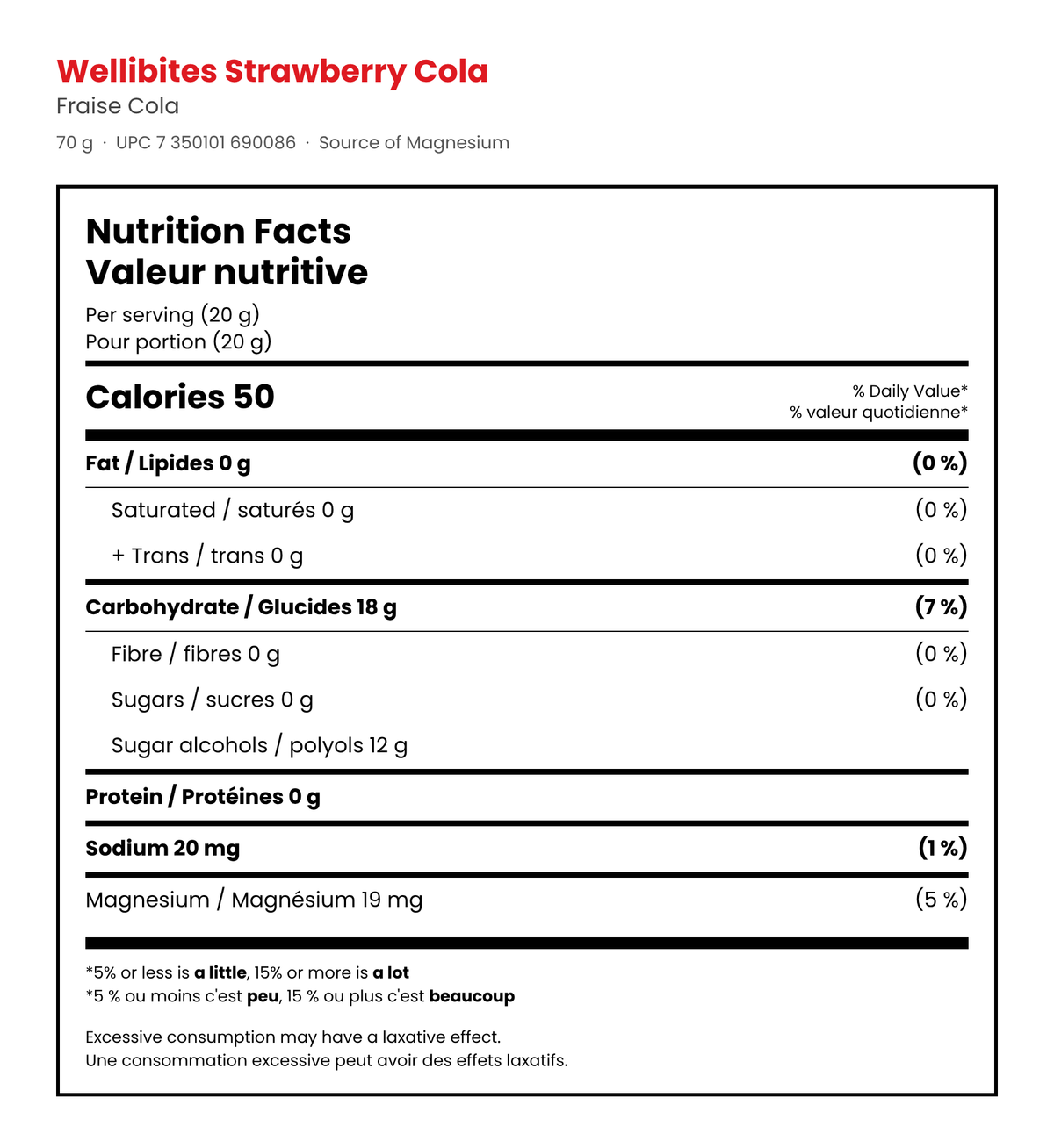 Wellibites Strawberry Cola Nutrition Facts per 20 g serving – 50 calories, 0 g sugar