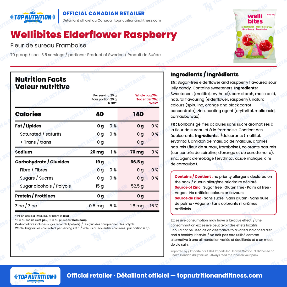 Wellibites Elderflower Raspberry Vegan Sugar-Free Gummies nutrition facts per 20 g serving vs whole 70 g bag (40 vs 140 calories) with English and French ingredients and allergens – Top Nutrition & Fitness official Canadian retailer