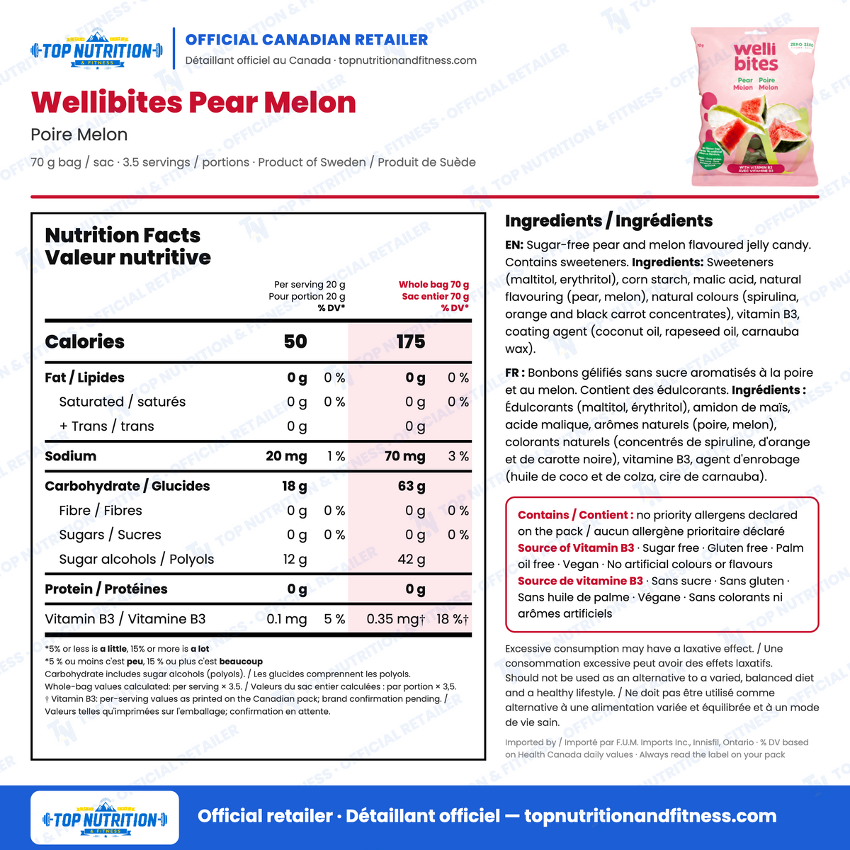 Wellibites Pear Melon Vegan Sugar-Free Gummies nutrition facts per 20 g serving vs whole 70 g bag (50 vs 175 calories) with English and French ingredients and allergens – Top Nutrition & Fitness official Canadian retailer