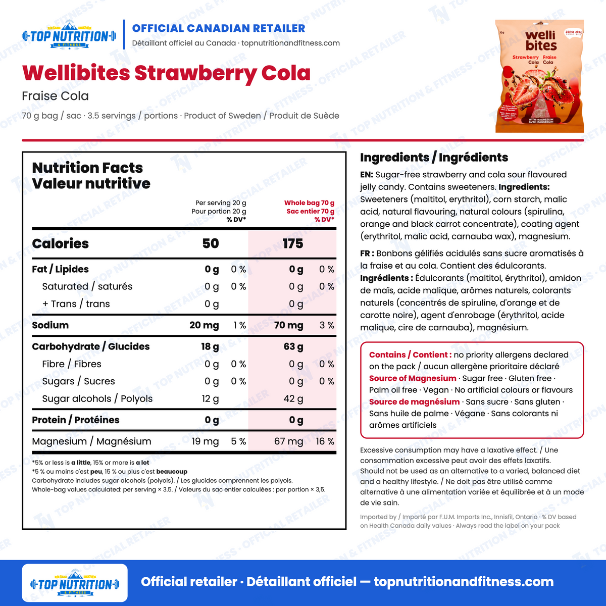 Wellibites Strawberry Cola Vegan Sugar-Free Gummies nutrition facts per 20 g serving vs whole 70 g bag (50 vs 175 calories) with English and French ingredients and allergens – Top Nutrition & Fitness official Canadian retailer