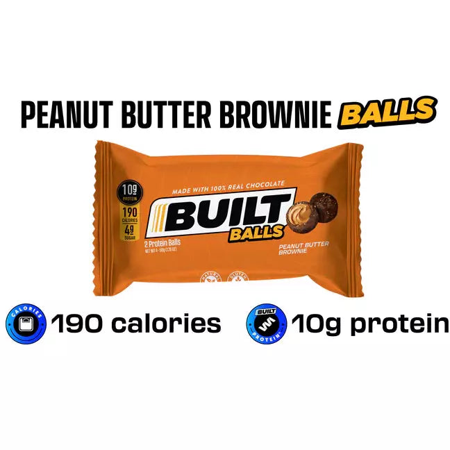 Built Protein Bar (1 bar) Protein Snacks Peanut Butter Brownie Balls (2 balls) BEST BY SEPT 19, 2023 Built Bar