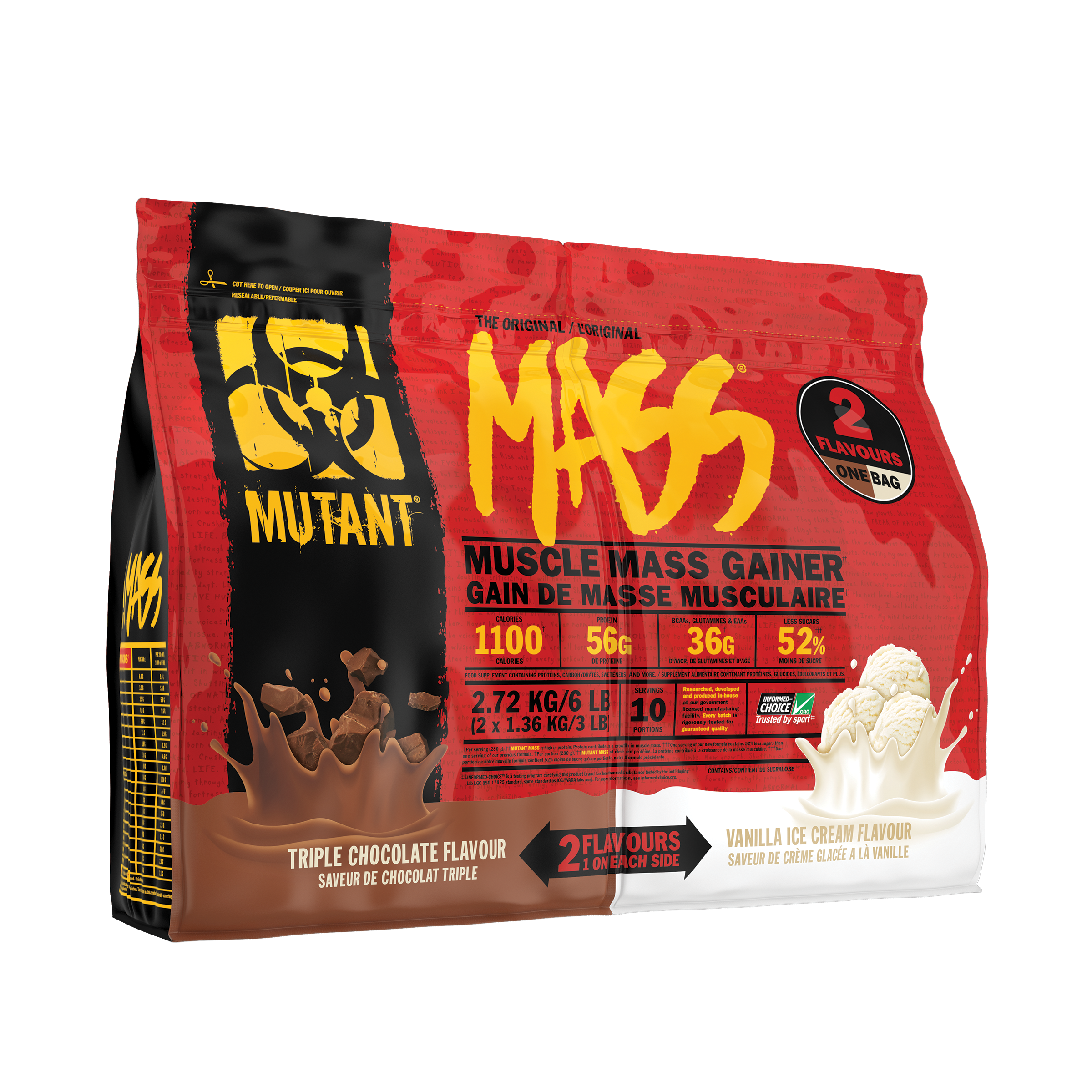 Mutant MASS Dual Chamber - 2 FLAVOURS in 1 BAG (6lbs) Mass Gainers Triple Chocolate & Vanilla Ice Cream Mutant