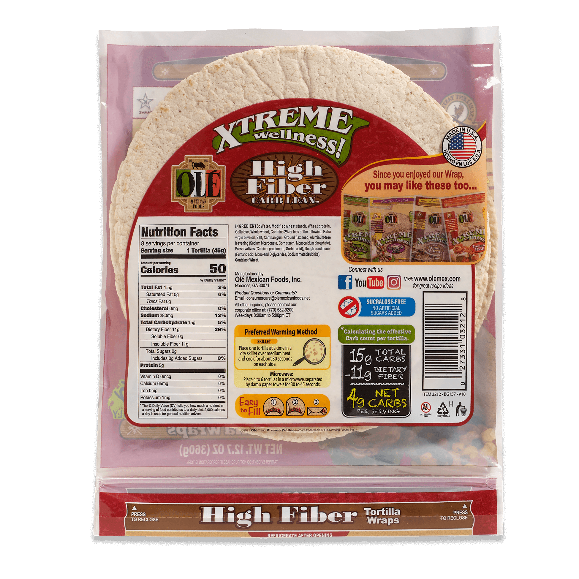 Ole Xtreme Wellness High Fiber Low Carb Wraps (8 wraps) Protein Snacks Ole Mexican Foods