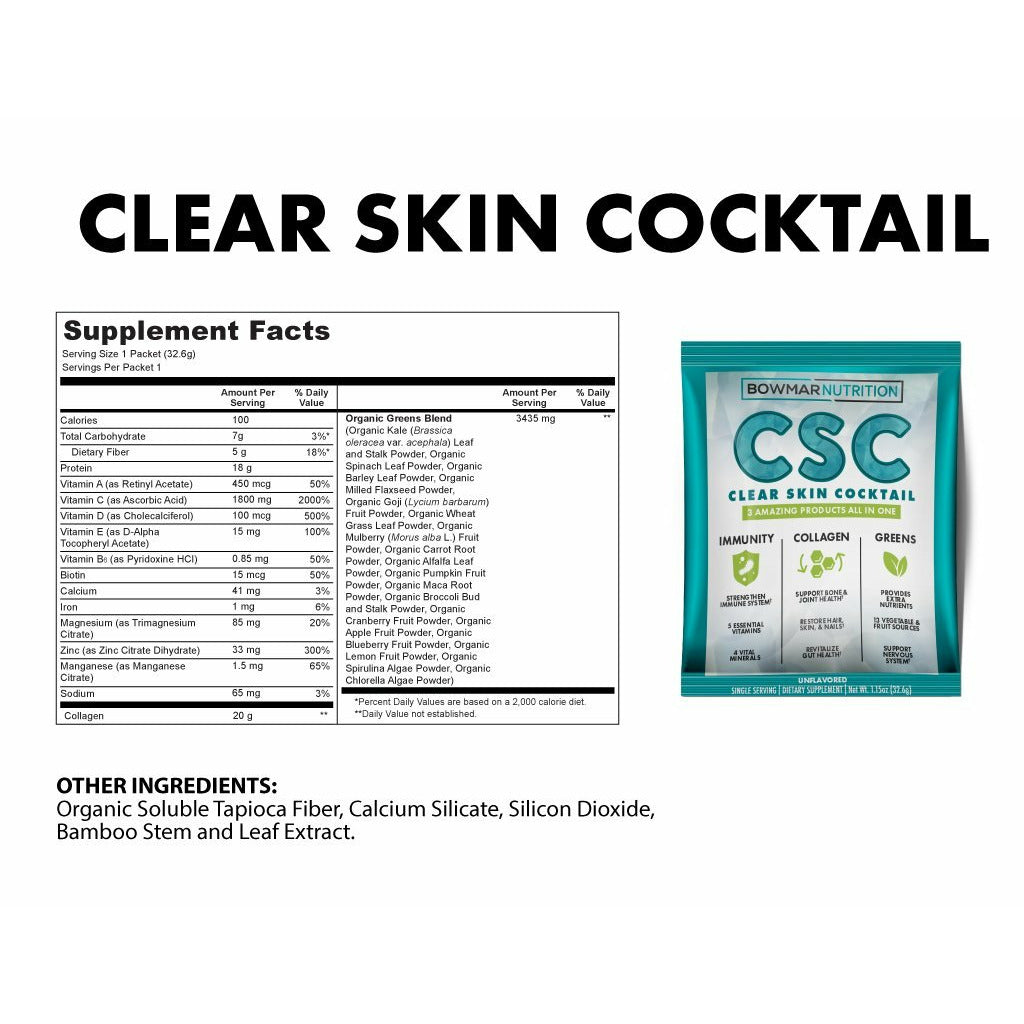 Bowmar Clear Skin Cocktail Collagen + Greens 30 PACK BAG,1 single packet Bowmar Nutrition