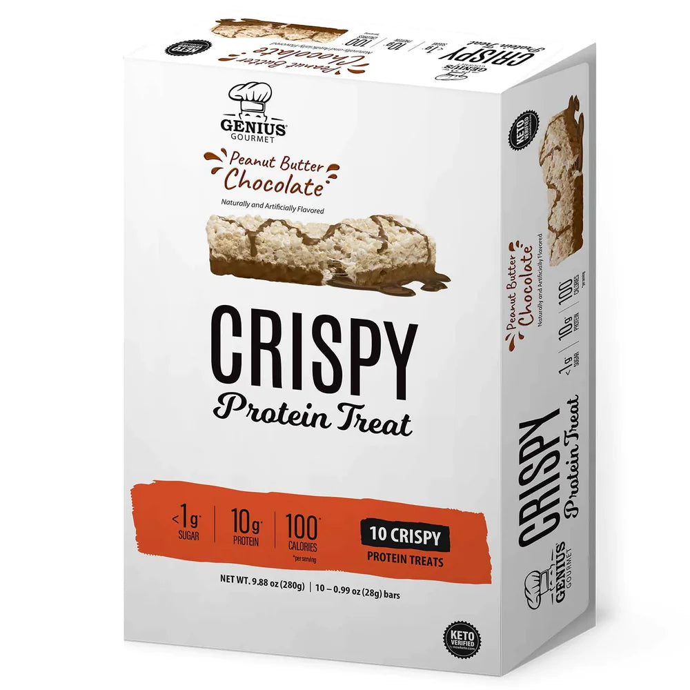 Genius Gourmet Crispy Protein Treat (1 box of 10 bars) Protein Snacks Chocolate Peanut Butter Genius Gourmet