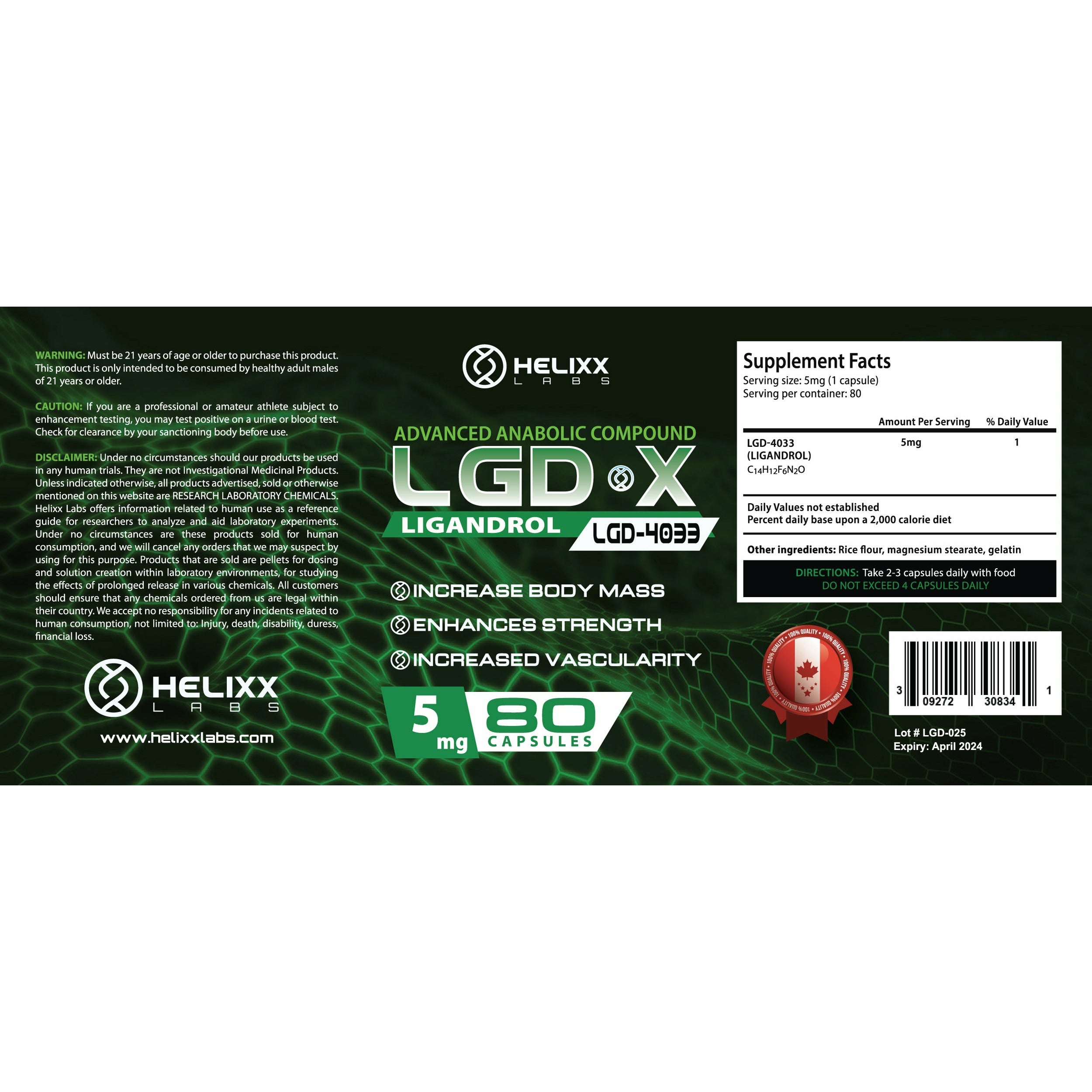 Helixx LGD X 5mg - 60 capsules BEST BY APRIL 2024 Helixx Top Nutrition Canada