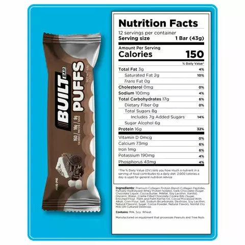 Built Protein Bar PUFFS (1 bar) built-protein-bar-puffs-1-bar Protein Snacks Vanilla Marshmallow,Strawberry Marshmallow,Coconut Marshmallow,Churro Marshmallow,Banana Cream Pie,Mint Marshmallow,White Chocolate Cheesecake,Lemon Dipped Chesecake,Ruby Chocolate,Brownie Batter NOW GLUTEN FREE,Mud Pie,Coconut Brownie Chunk Puff,S'mores,Cookie Dough Chunks,Pina Colada,Maple Donut,NEW White Chocolate Pumpkin Pie,Snickerdoodle Chunk,Mint Brownie,Cookies 'N Cream,Peanut Butter,White Chocolate Birthday Cake,Cappuccino