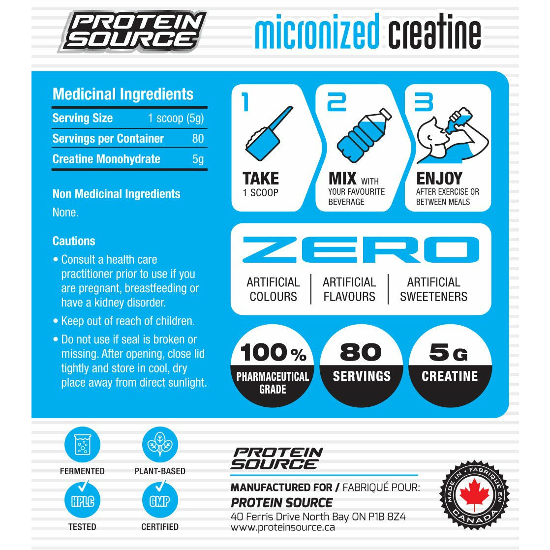 Protein Source Unflavoured Micronized Creatine Monohydrate 400g Protein Source Top Nutrition Canada