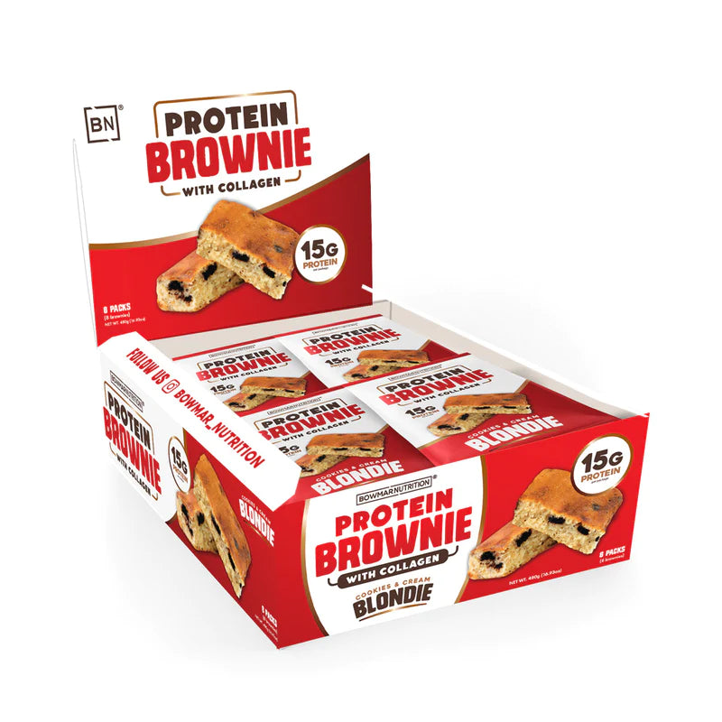 Bowmar Nutrition Protein Brownie (1 BOX of 8) Protein Snacks Cookies And Cream Blondie (CONTAINS GLUTEN! printing error on the label) Bowmar Nutrition