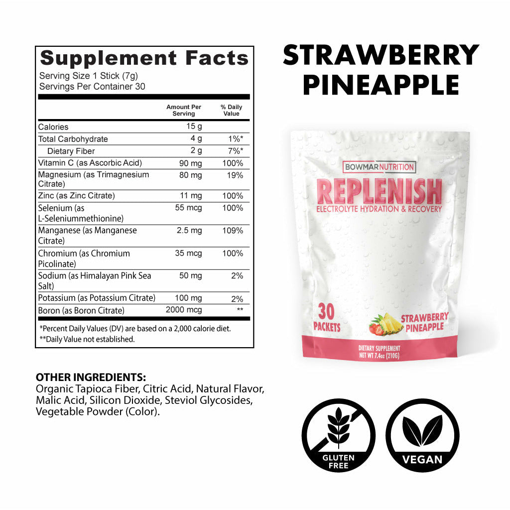Bowmar Nutrition Replenish Electrolyte Hydration (30 packets) Electrolytes Strawberry Pineapple,Peach Margarita,Apple  Plum Bowmar Nutrition bowmar-nutrition-repletion-electrolyte-hydration-strawberry-pineapple-30-packets